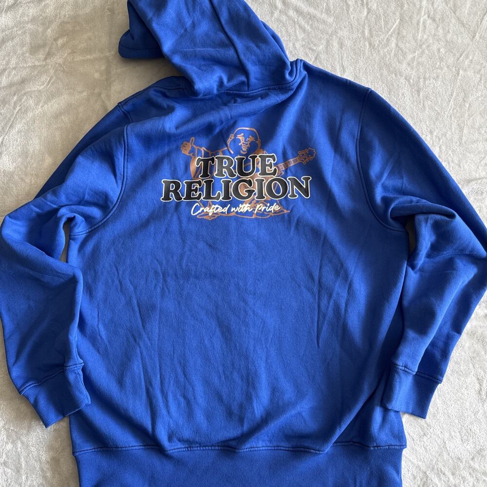True Religion NEW Mens XL Full Zip Fleece Hoodie Blue Logo Graphic Print Pockets